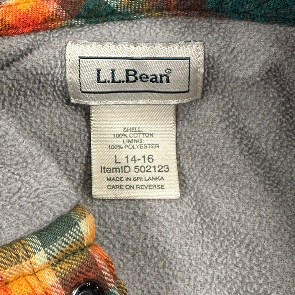 LL Bean Fleece Lined Plaid Flannel Hoodie Shirt Jacket Kids Large 14-16 Outdoor - Picture 5 of 16
